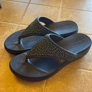 CROCS Black Wedge Sandals with Green Accent